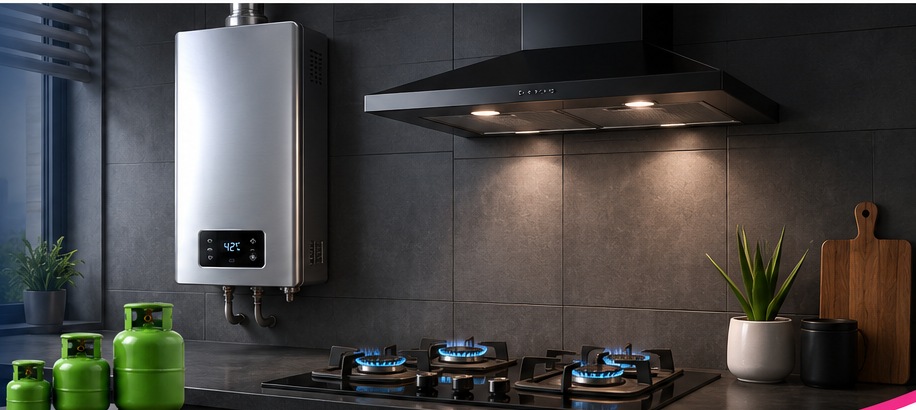 Gas geyser and LPG cooking in a modern kitchen